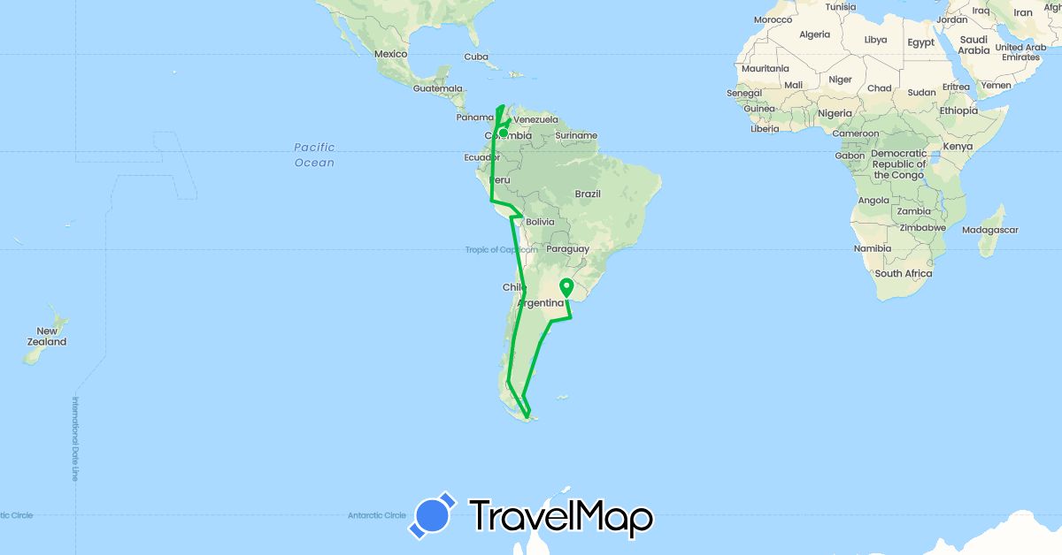 TravelMap itinerary: driving, bus in Argentina, Colombia, Peru (South America)
